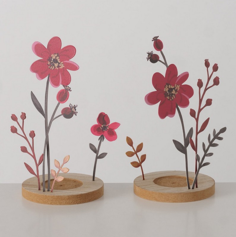 Portacandele in vetro con rosa canina in metallo su base di legno in 2 varianti assortite, perfetto come decoro autunnale